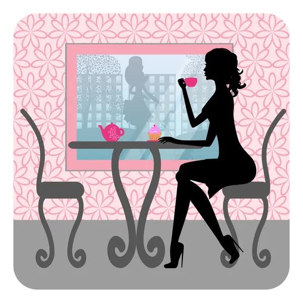 Silhouette of beautiful girl sits in a cafe — Stock Vector