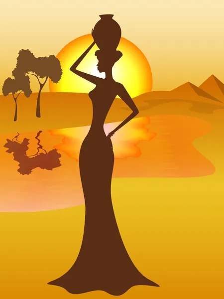 Silhouette of african girl with a pitcher goes to fetch water, vector illustration — Stok Vektör