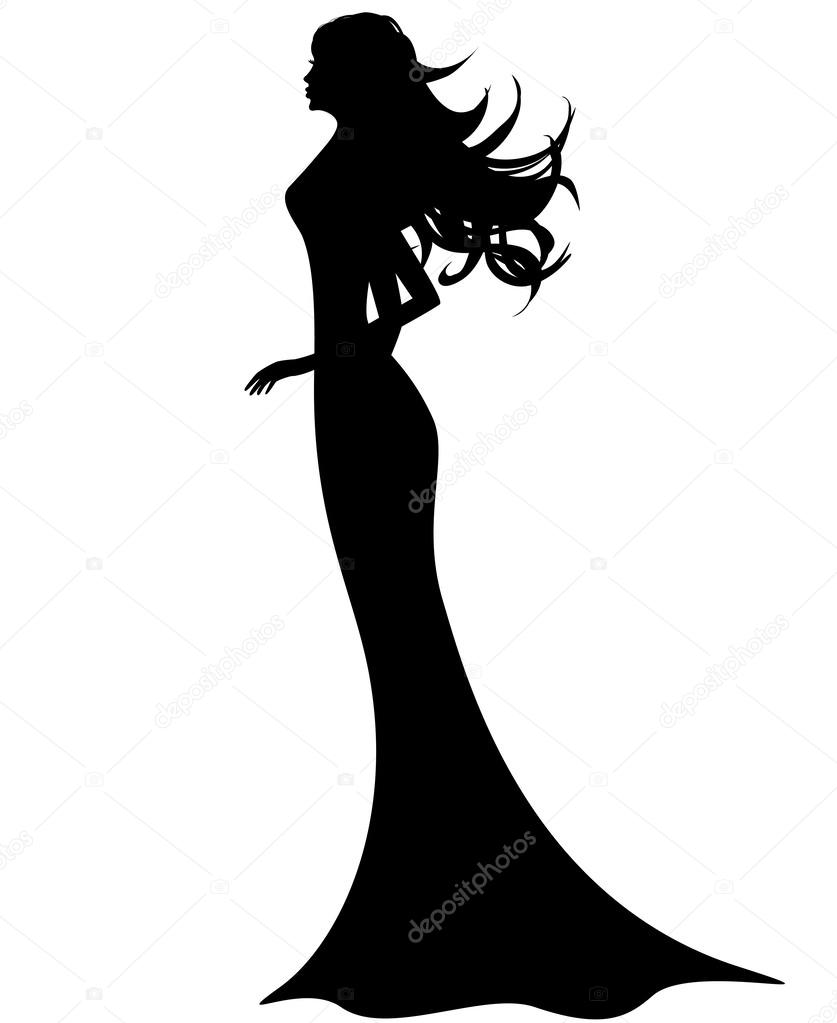 Silhouette of beautiful girl in long dress, isolated on white background