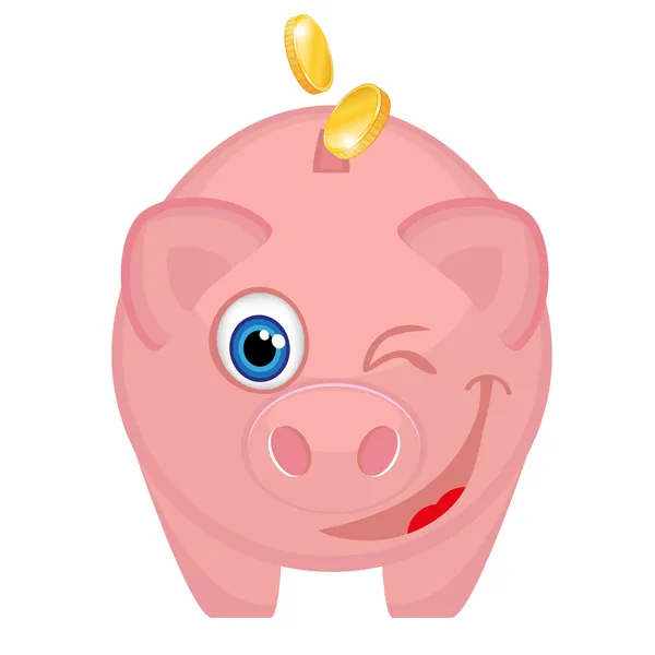 Happy piggy bank with coins winking with one eye — Stock Vector