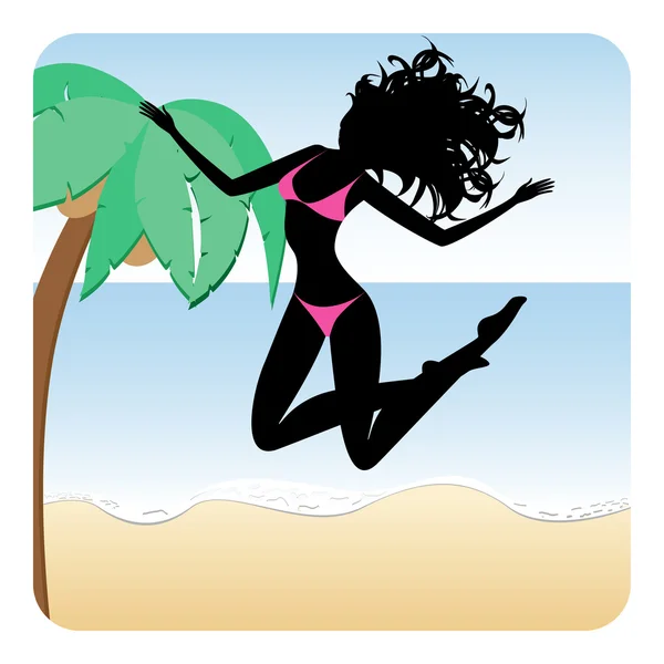 Silhouette eines glücklichen Mädchens im Bikini, das am Strand springt — Stockvektor