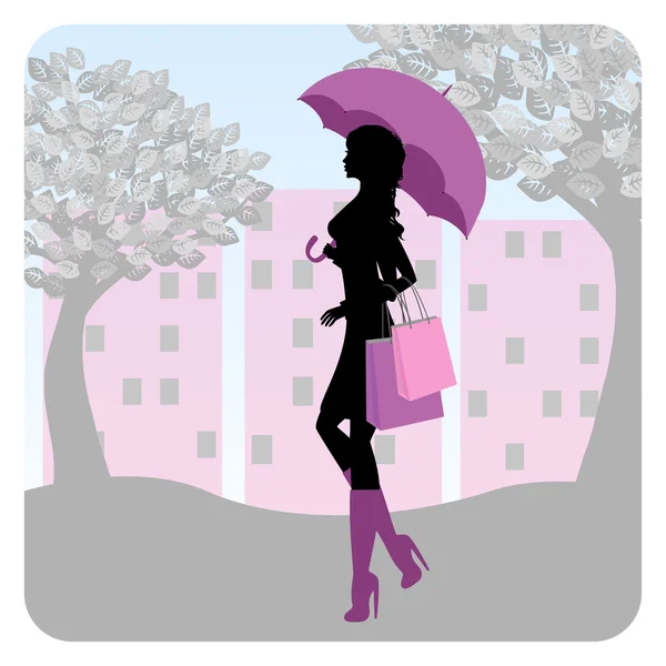 Silhouette de fille à la mode marchant dans la rue avec un parapluie à la main — Image vectorielle