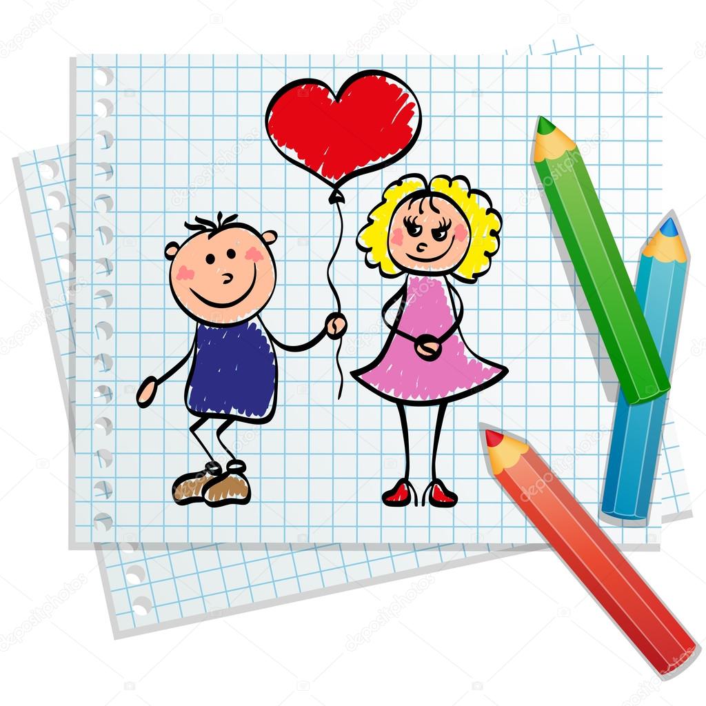 Hand drawn - Girl and boy with balloon, love