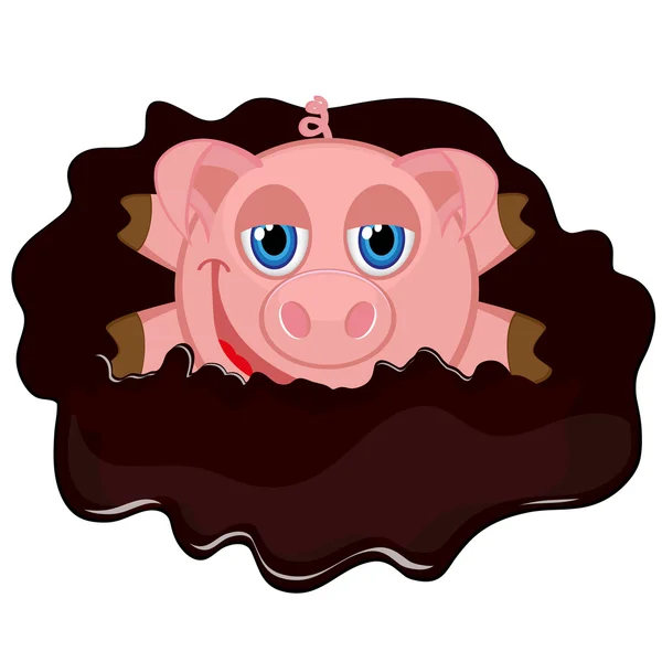 Cheerful piggy in muddy puddle — Stock Vector