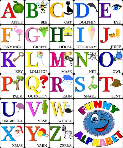 Alphabet drôle avec des photos pour enfants, TOUTES LES LETTRES — Image vectorielle