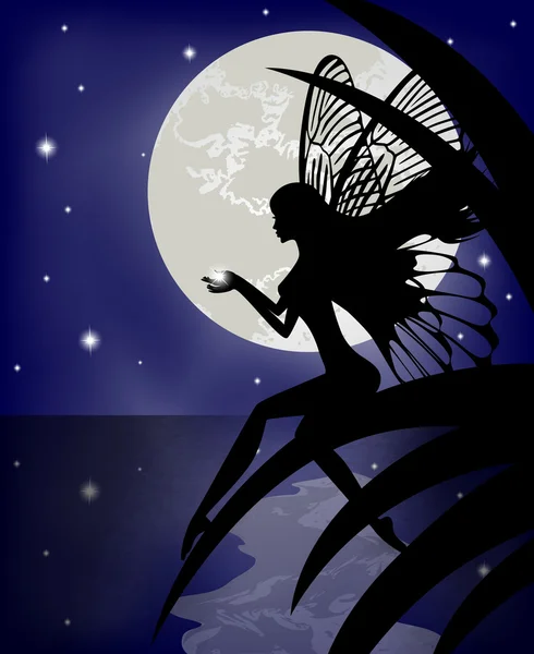 Silhouette fairy girl holding a star on a background with the moon — Stock Vector