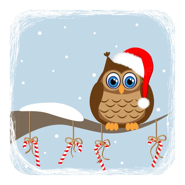 Owl on branch and candy-cane — Stock Vector