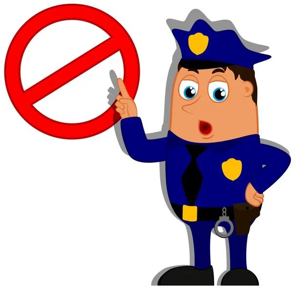 Полицейский в форме указывает пальцем на знак не допускается — стоковый вектор