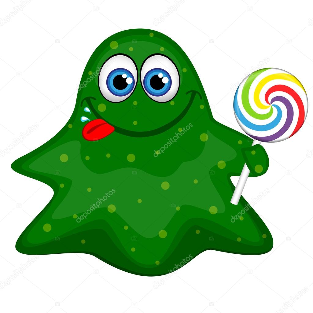 Funny friendly green monster with a lollipop