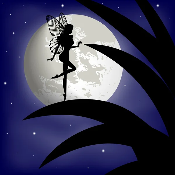 Silhouette fille de fée sur un fond avec la lune — Image vectorielle