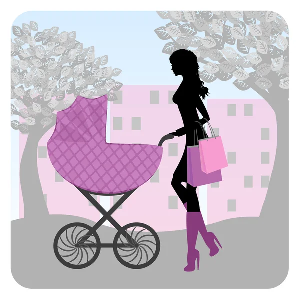 Young woman walking in park with stroller — Stock Vector