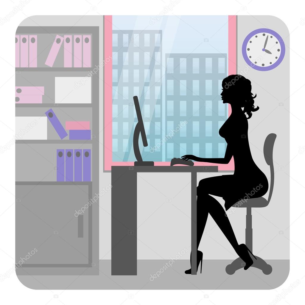 Silhouette business woman working in office. Vector
