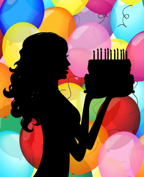 Biglietto di auguri - silhouette di una ragazza con torta e palloncini — Vettoriale Stock