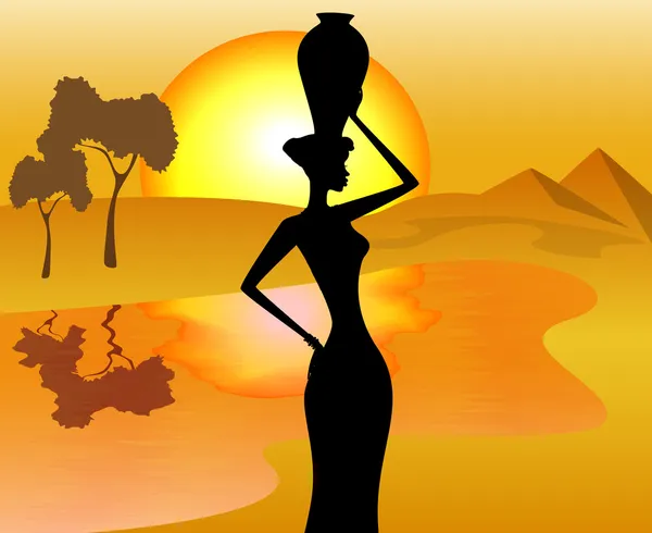 Fille africaine avec un pichet va chercher de l'eau, illustration vectorielle — Image vectorielle