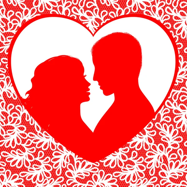Valentine's day frame with hearts and silhouette a happy couple — Stock Vector
