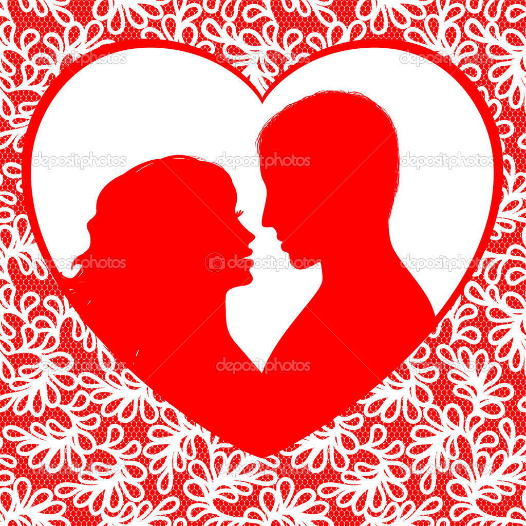 Valentine's day frame with hearts and silhouette a happy couple