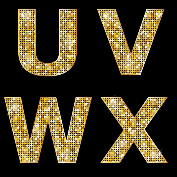Letras brilhantes metálicas douradas U, V, W, X — Vetor de Stock