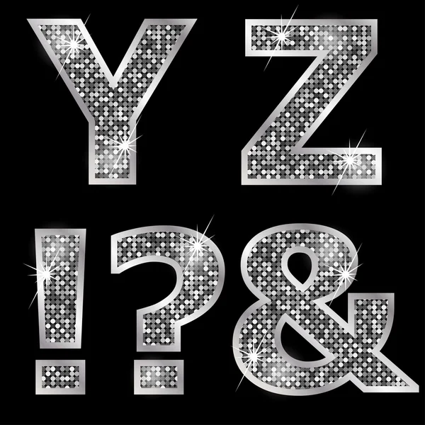 Silver metallic shiny letters Y, Z, !, ?, & — 图库矢量图片