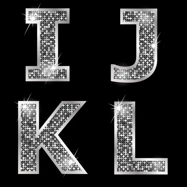 Silver metallic shiny letters I, J, K, L — Stock Vector