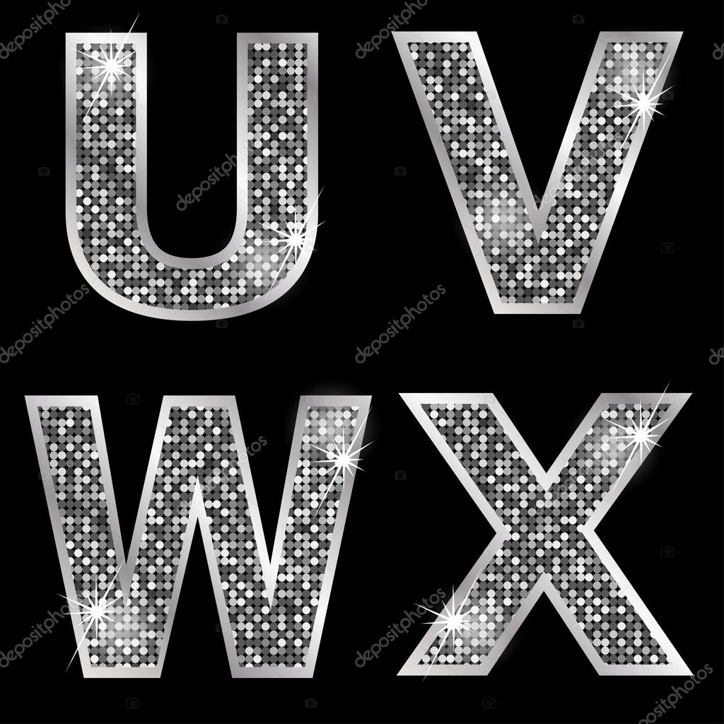 Silver metallic shiny letters U, V, W, X — Stock Vector