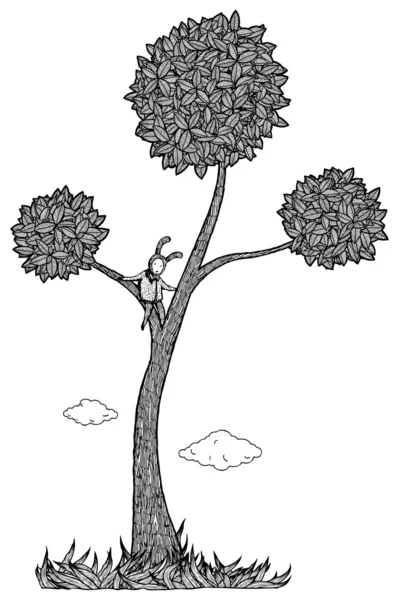 Niño en la ilustración del vector del árbol. Blanco y negro — Vector de stock