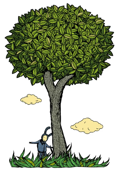 Niño bajo la ilustración del vector del árbol. Color. — Vector de stock