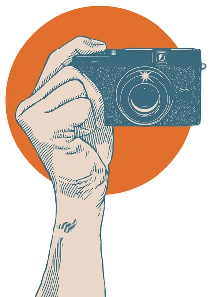 Рука держит маленькую точку и снимает камеру — стоковый вектор