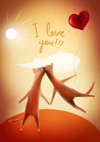 Valentine card. Cats with heart-balloon — 스톡 사진