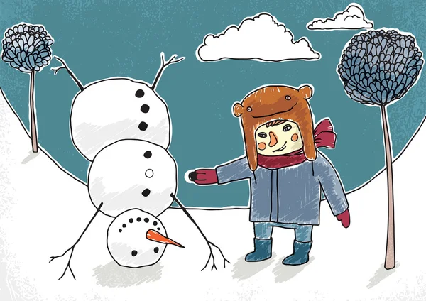 Chlapec a sněhulák vektorové ilustrace. EPS 10 — Stockový vektor