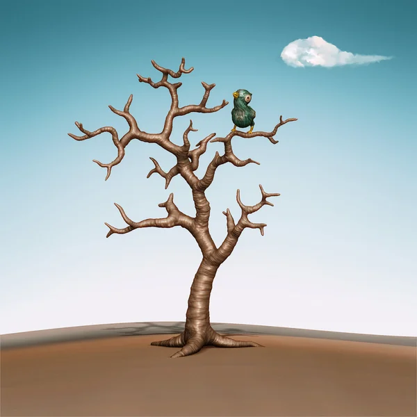 Un uccellino blu sull'albero. Illustrazione 3d — Foto Stock