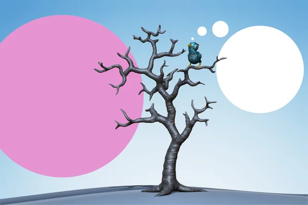 Kleine blauwe vogels in de boom. 3D illustratie — Stockfoto