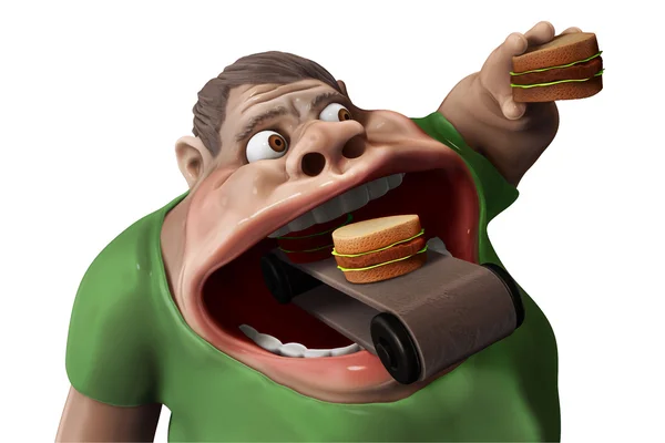 Hombre gordo hambriento comiendo hamburguesas 3d ilustración — Foto de Stock