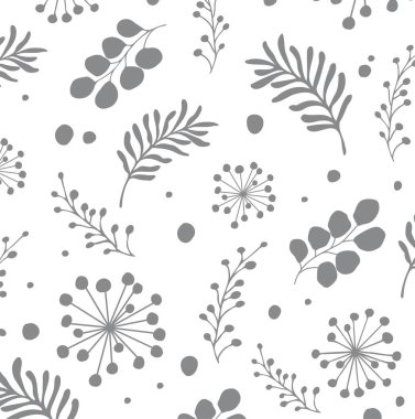 Yapraklı ve çiçekli vektör çiçek deseni botanik izole edilmiş siluet elementler çiziyor. Gri beyaz renk. Tekstil kağıt kumaş dokusu. Dekorasyon. DIY. Çizici lazer kesimi. Kesildi.
