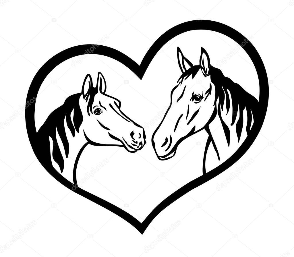 Two black horses heads faces outline silhouette drawing illustration in heart frame shape on white background.I love horse sign icon.T shirt print.Laser Cut.Plotter Cutting.Vinyl wall sticker decal.