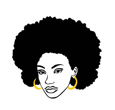 Siyah Afro Afrikalı Afro-Amerikalı kadın vektör kız portresi, yüz silueti, doğal dalgalar, saç puf saç stili çizimi, lazer çizici kesimi..