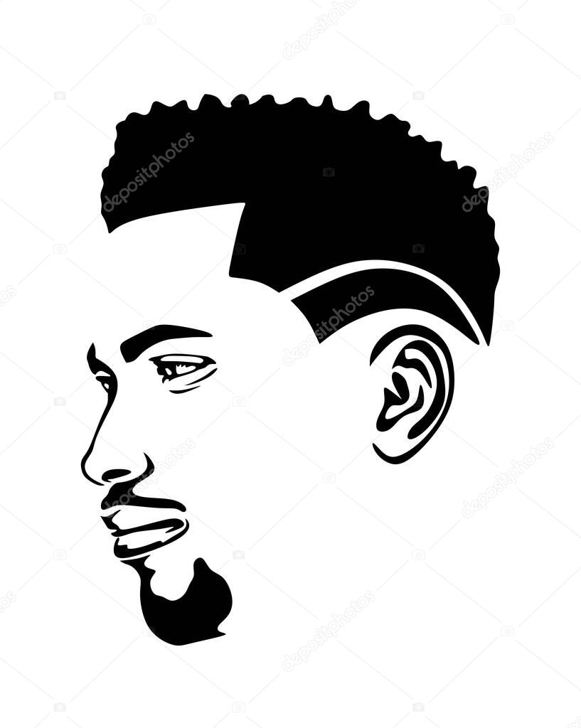 Black African American Afro male face profile portrait vector silhouette.Man head face,curls hairstyle,Mohawk dreadlocks,beard.Vinyl wall sticker decal.Plotter laser cut.T shirt print.Barbershop logo.