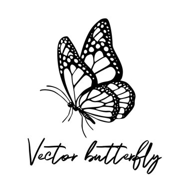 Vektör uçan kelebek ana hatlı siyah dövme çizimi, şablon lazer kesme. T-shirt baskı dizaynı. Simge. İşaret. Nakış. Kağıt kesme. Cırcır böceği..