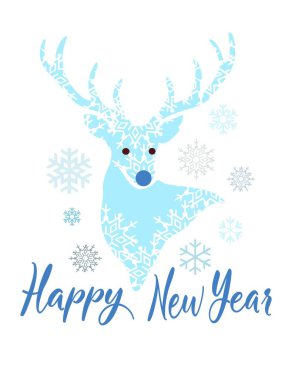 Geyik geyiği geyiği baş silueti boynuzlarıyla, mavi burunlarıyla resim çiziyor. Şimdi pullu arka plan dokusu. Mutlu yıllar kaligrafi. Mutlu Noeller.