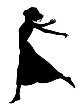 Vector siyah siluet vücut soyut güzel bayan kadın elbise ileri doğru uçuyor. Eller geriye. Mutlu rüyalara gidiyor. Özgürce uçuyor. DIY kesimi