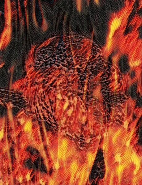 Flaming owl bird in fire masonic texture banner background wallpaper poster oil acrylic painting drawing illustration.Night Demon Spirit .Magic