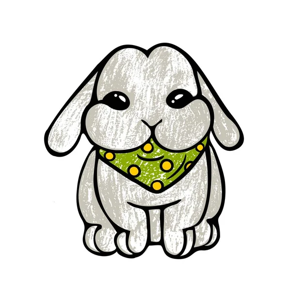 Abstract Cartoon Grey Rabbit Vector Drawing Illustration Green Yellow Bandanna — Image vectorielle