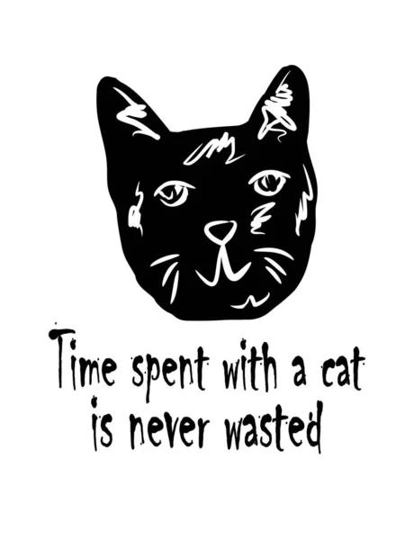 Time Spent Cat Never Wasted Black Kitten Vector Silhouette Drawing — Stock Vector