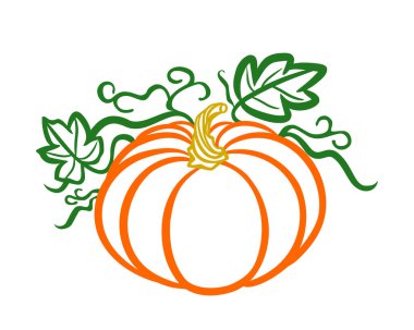 Turuncu balkabağı vektör silueti şablon, yeşil yapraklar, kütük. Merhaba Fall.Ekim Hasat Festivali Sembolü. Cadılar Bayramı. Çizgi çizimi. Cricut çizici lazer kesme. Yazdırma.