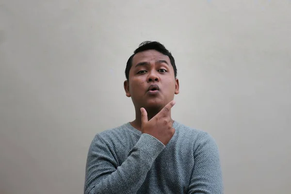 Asian Man Wearing Sweater Posing Holding His Chin Looking Very —  Fotos de Stock