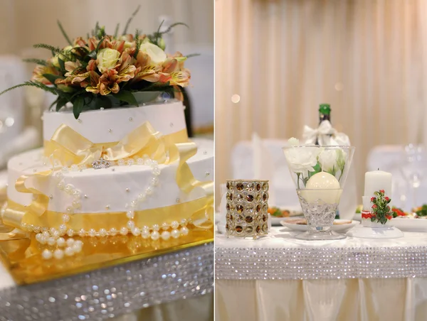 Hochzeitstorte auf dem geschmückten Tisch — Stockfoto