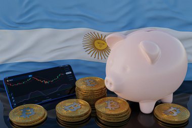 Bitcoin ve kripto para yatırımı. Arjantin bayrağı arka planda. Domuz kumbarası, tasarruf konsepti. Hisse senedi ticareti için mobil uygulama. 3d resimleme.