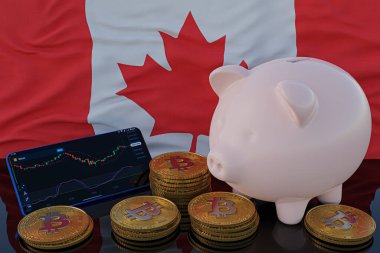 Bitcoin ve kripto para yatırımı. Arka planda Kanada bayrağı. Domuz kumbarası, tasarruf konsepti. Hisse senedi ticareti için mobil uygulama. 3d resimleme.