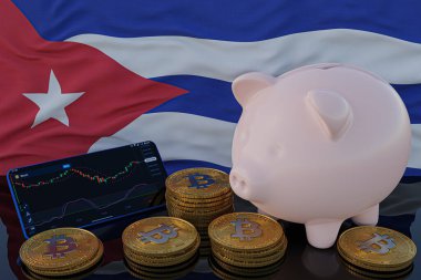 Bitcoin ve kripto para yatırımı. Arka planda Küba bayrağı. Domuz kumbarası, tasarruf konsepti. Hisse senedi ticareti için mobil uygulama. 3d resimleme.