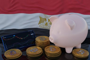 Bitcoin ve kripto para yatırımı. Arka planda Mısır bayrağı. Domuz kumbarası, tasarruf konsepti. Hisse senedi ticareti için mobil uygulama. 3d resimleme.