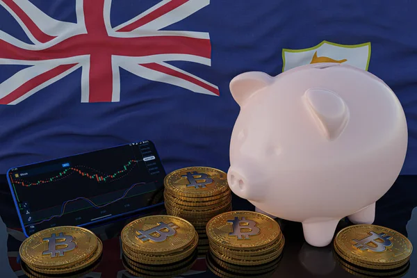 Bitcoin ve kripto para yatırımı. Arka planda Anguilla bayrağı. Domuz kumbarası, tasarruf konsepti. Hisse senedi ticareti için mobil uygulama. 3d resimleme.
